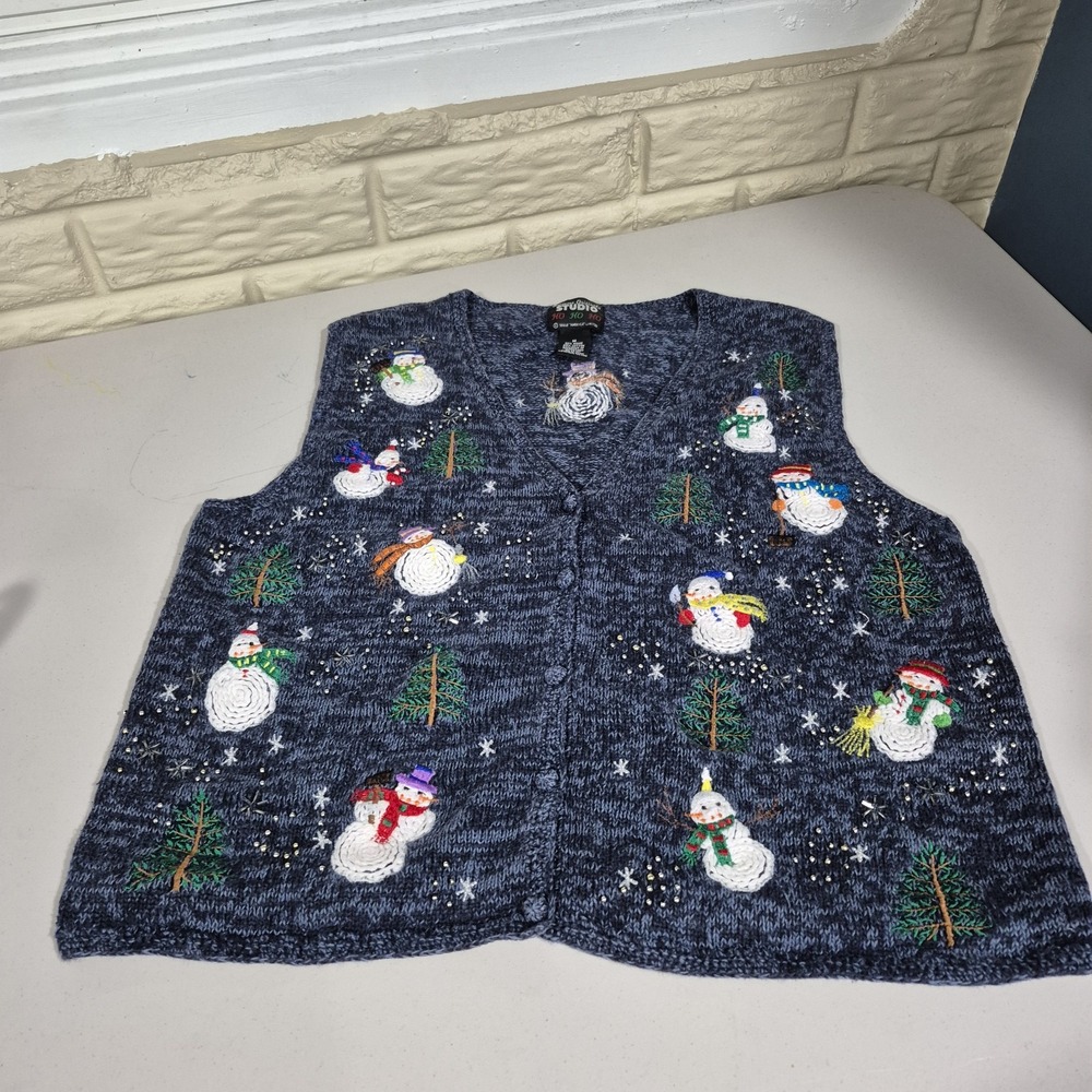 Vtg Sweater Vest Womens Medium Blue Ramie Snowman Holiday Christmas Ugly 80s 90s